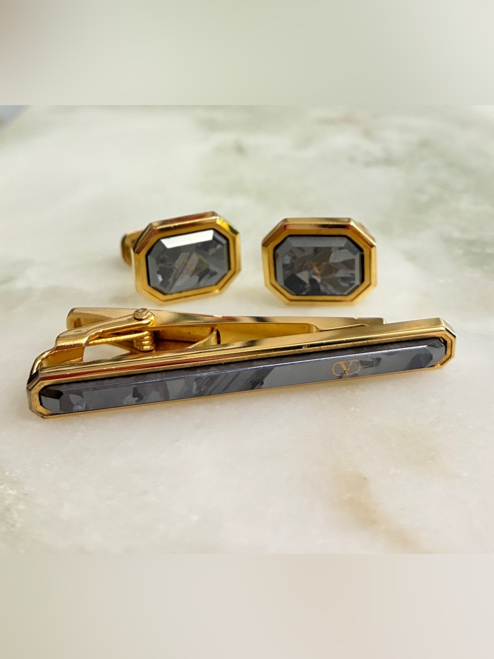 Valentino Cuff Links + Tie Clip Set Vintage